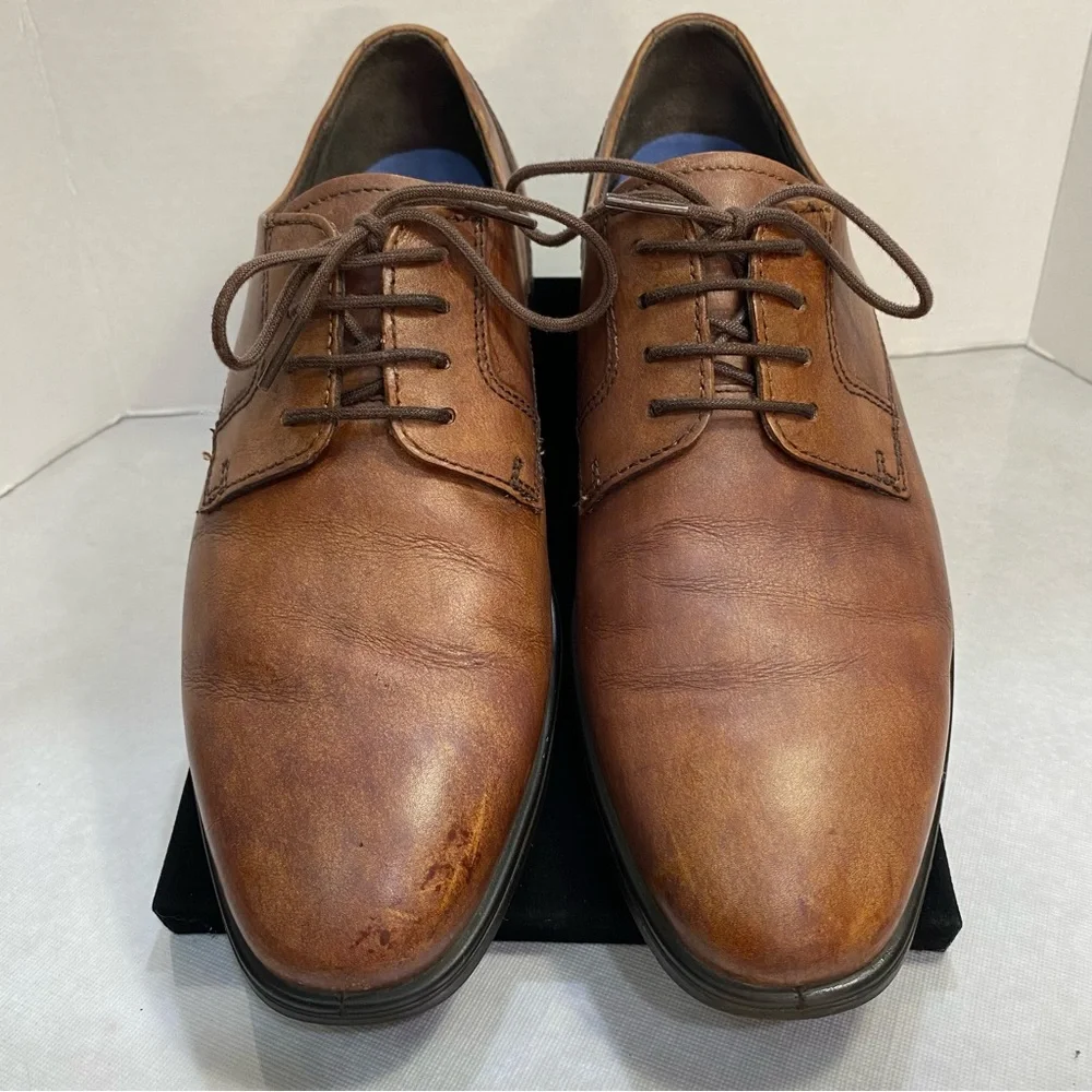 ECCO Cognac Leather Derby Dress Shoes EU 43 US 9–9.5 Comfort Plain Toe